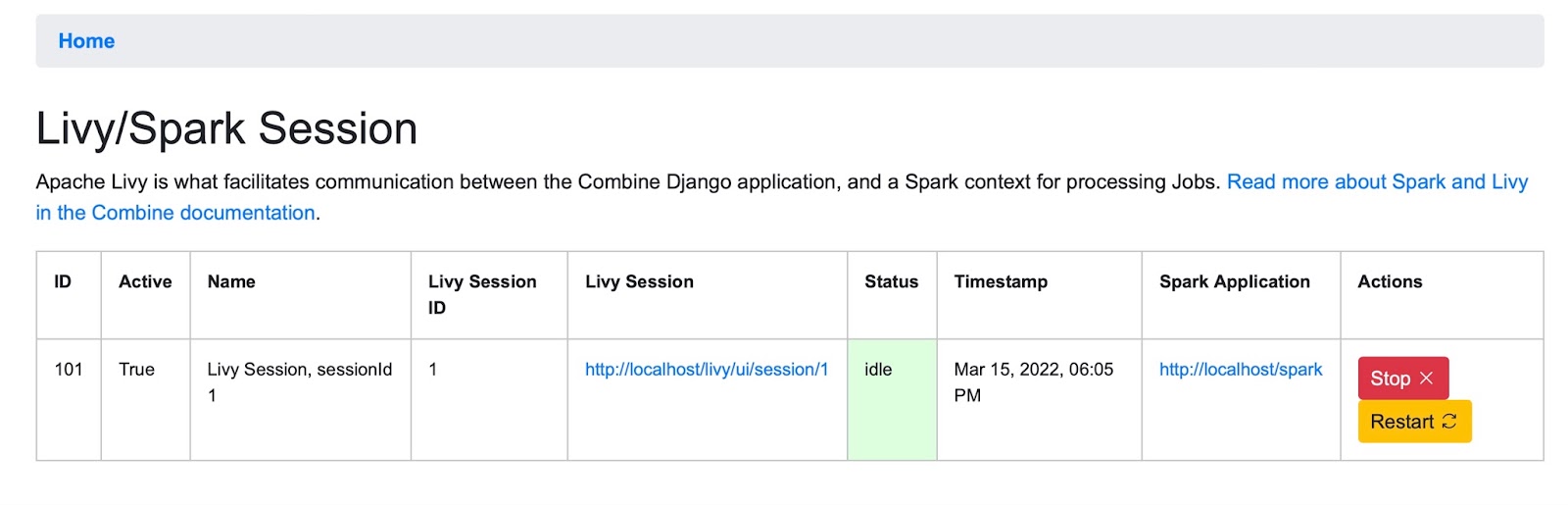 a table displaying information about a Livy Spark session