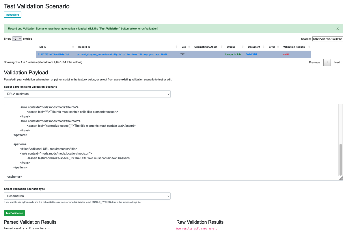 an image of the testing interface for validatino scenarios