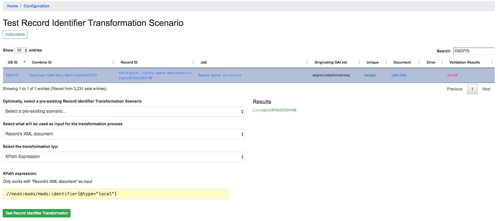 image of interface used to test a RITS with an XPath expression