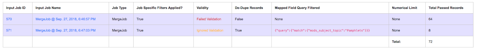 a Job's tab showing the filters selected for it'