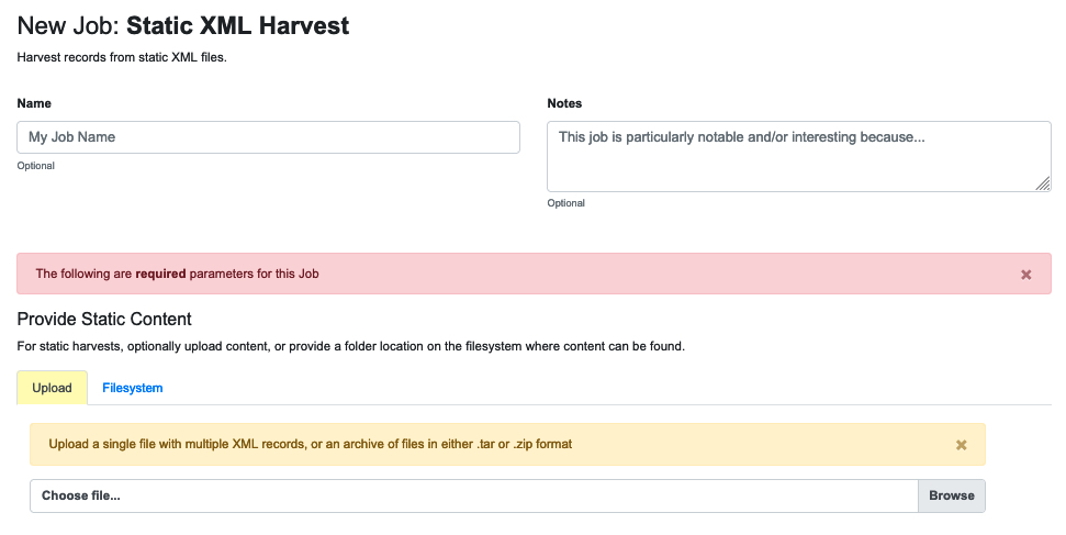 an image showing the required parameters for a static XML upload