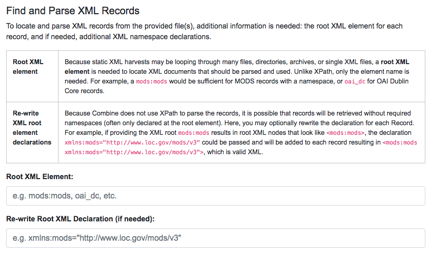 image of information about fields needed for root XML elements