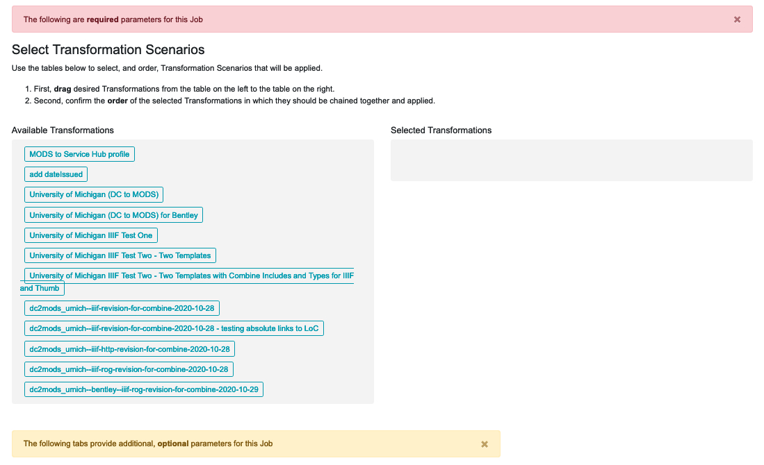 an image of the interface for selecting Transform Scenarios for a Job