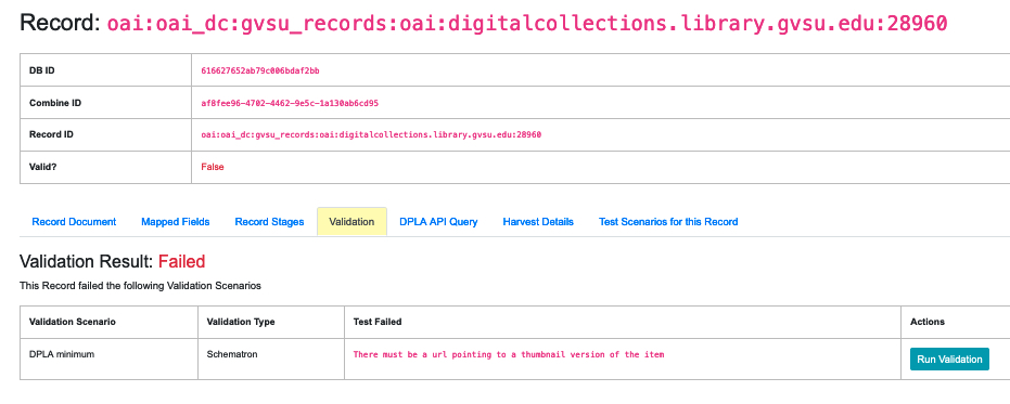 an image showing the Validation results of an Invalid Record