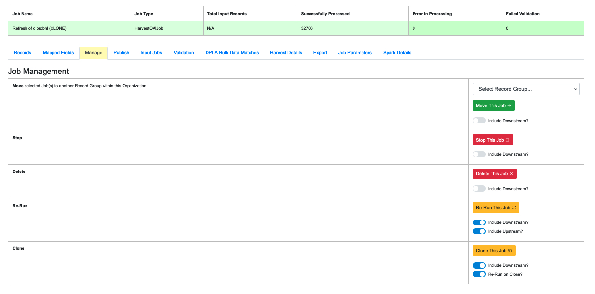 Commands available on the Manage tab