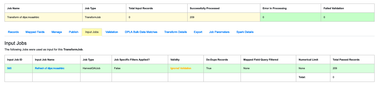 A display of the input Job used to create a Transform Job