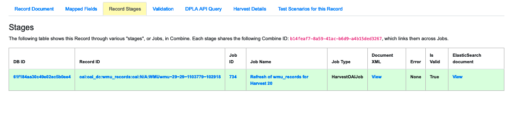 Record stages showing the Jobs which included this Record