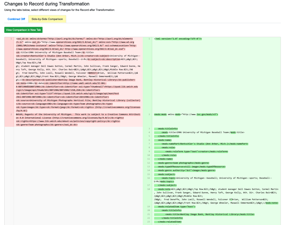 Side-by-side view of changes made to a Record by a Transform Job