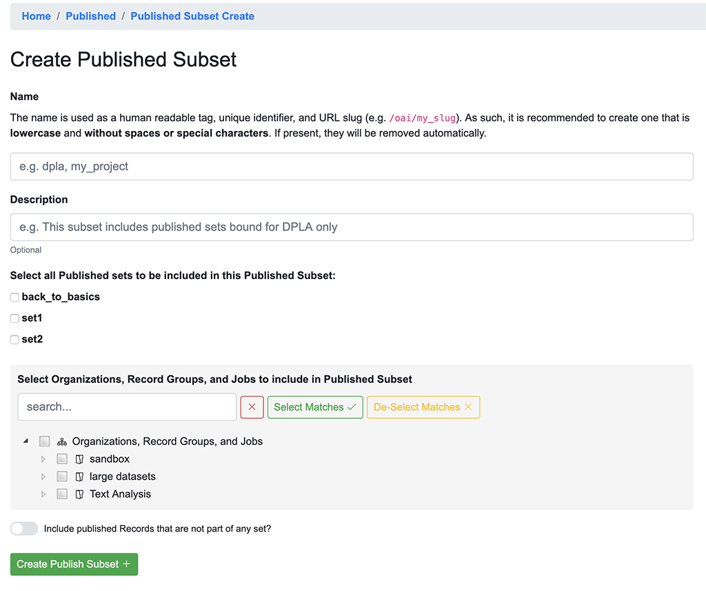 an image showing the interface used to create Published Subset