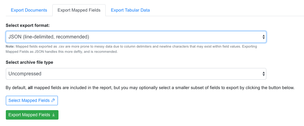 Export mapped fields as JSON documents