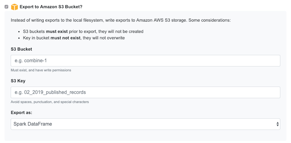  Form for exporting documents to S3