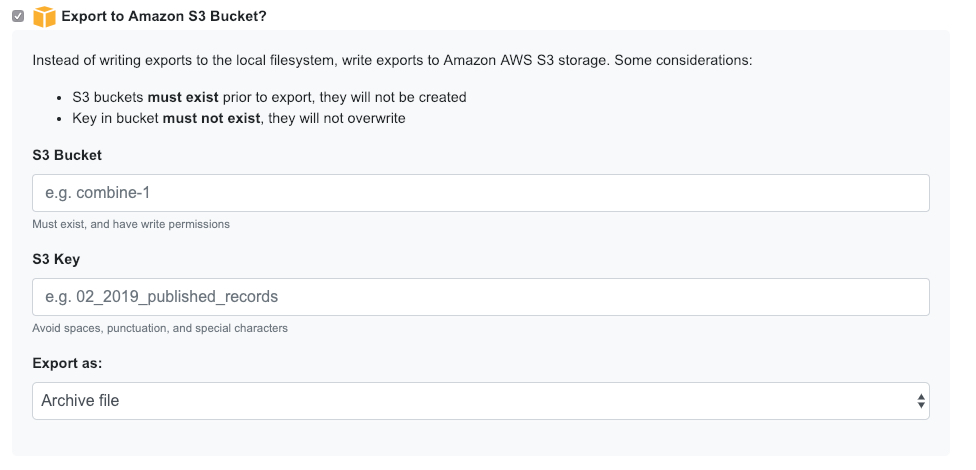 Form for exporting mapped fields to S3