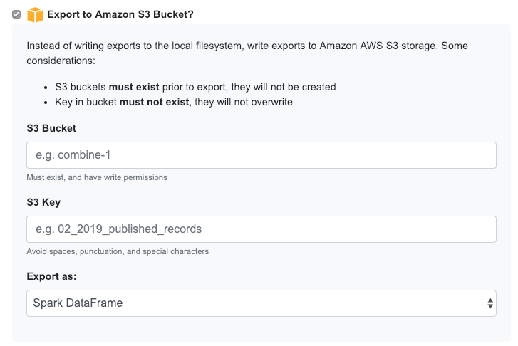 Checkbox for exporting tabular data to S3